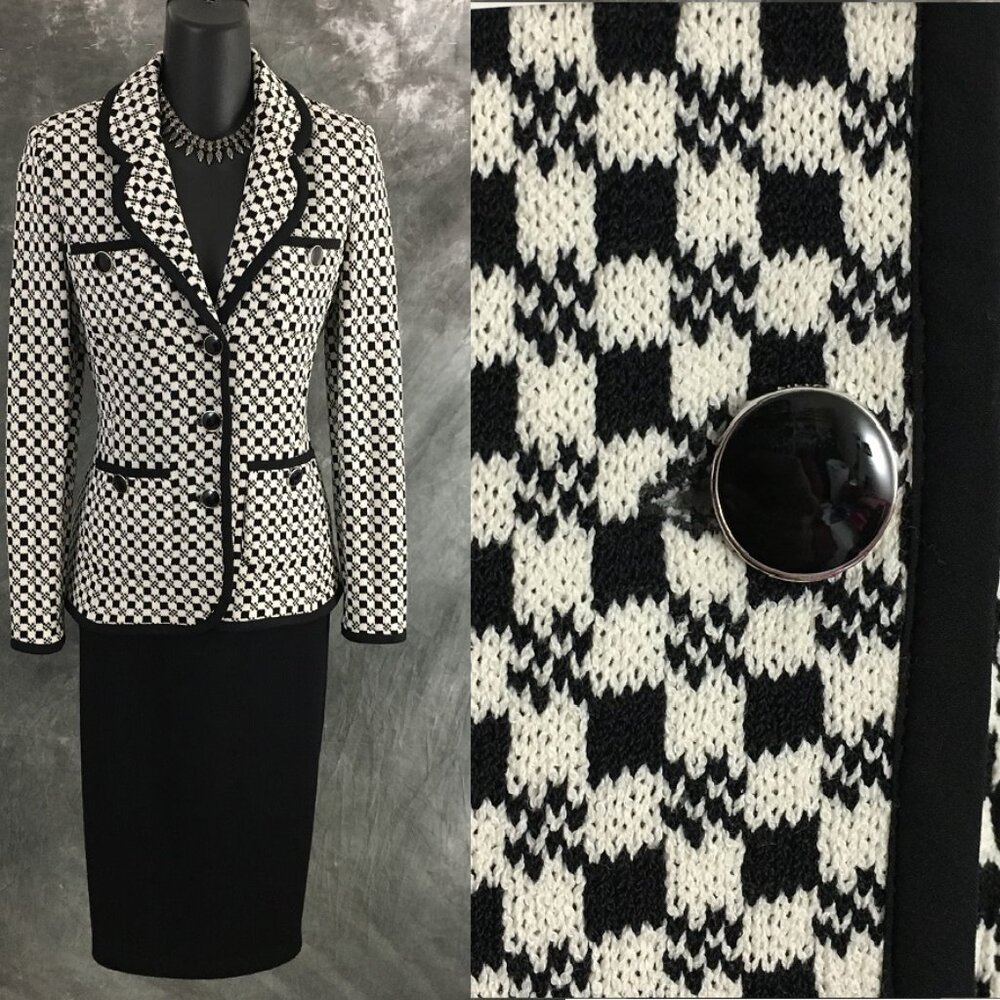 BEAUTIFUL St John collection knit black white jacket skirt suit size 4